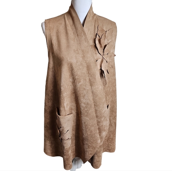Brown Faux Suede Open Front Drape Vest Sz L Floral Boho Western Cowgirl Festival - Picture 1 of 15